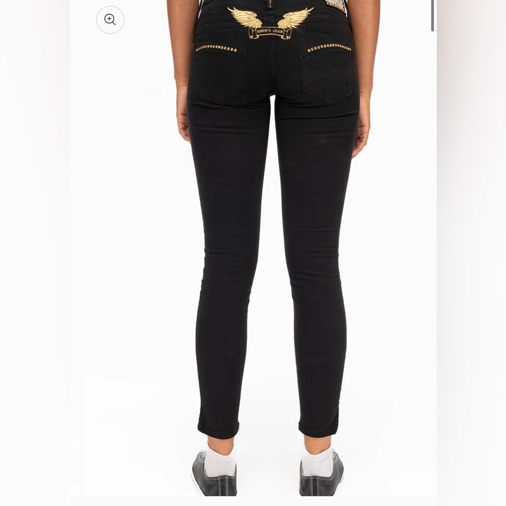 Robins Jean MARILYN STUDDED SKINNY JEANS BLACK WITH GOLD WINGS, GOLD CRYSTALS
